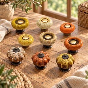 May include: A collection of nine ceramic cabinet knobs in various shapes and colors. Six knobs are round with smooth, speckled surfaces in yellow, cream, and orange. Three knobs are pumpkin-shaped with textured, glazed finishes.