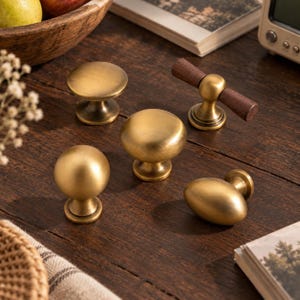 Antique Brass Cabinet Knobs, Vintage Dresser Drawer Pulls, Single Hole Kitchen Cupboard Handles, Walnut Wood Furniture Hardware