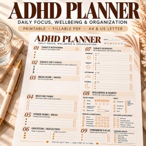 ADHD Daily Planner for Adults, Printable & Fillable PDF