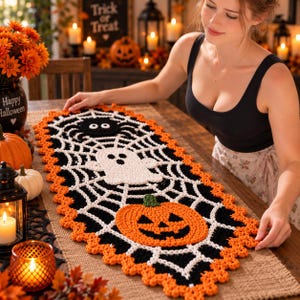 Halloween Tabletop Crochet Pattern PDF, Pumpkin Ghost Spider Placemat, Crochet Lace Doily, Spooky Table Decor, Digital Download