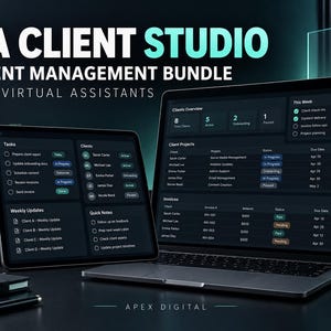May include: A digital client management bundle for virtual assistants displayed on a laptop and tablet screen. The dark-themed interface shows client projects, tasks, invoices, and weekly updates with text reading VA CLIENT STUDIO and APEX DIGITAL.