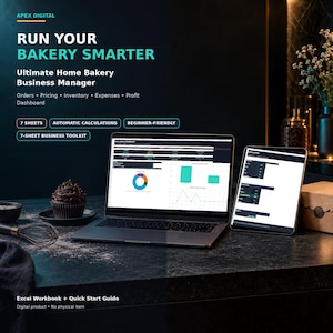 Puede incluir: Una herramienta digital de gestión empresarial para panaderías mostrada en una pantalla de portátil y tableta. La interfaz muestra gráficos y tablas de datos. El texto incluye APEX DIGITAL, RUN YOUR BAKERY SMARTER, Ultimate Home Bakery Business Manager.