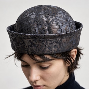 Sailor Hat Women - Python Skin Print, Black-Brown Faux Suede Fabric Cap, Handmade Marine Pillbox Hat with Cotton Lining