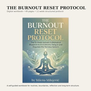以下が含まれることがあります： ミレナ・ミロジェヴィッチ著のデジタルワークブック「The Burnout Reset Protocol」。表紙には、青と緑のグラデーションの背景に、光るエネルギーポイントを持つ瞑想ポーズの人物のシルエットが描かれています。