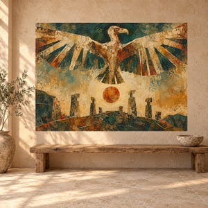 May include: A rectangular wall art print featuring a large, stylised eagle with outstretched wings soaring above a landscape of ancient stone monoliths and a glowing orange sun, rendered in a textured, multi-coloured painterly style.