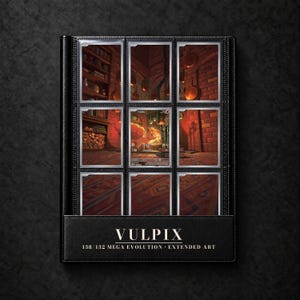 Peut inclure: Un classeur de cartes à collectionner noir contenant un affichage de neuf cartes illustrant un Vulpix. Le panneau inférieur porte le texte VULPIX 138/132 MEGA EVOLUTION EXTENDED ART en lettres blanches. Les cartes montrent une cuisine en briques.