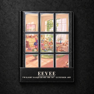 May include: A black binder containing nine trading cards featuring Eevee characters in a room setting. The bottom label reads EEVEE TWILIGHT MASQUERADE 188/167 EXTENDED ART. The cards display various scenes of Eevee figures on furniture and floors.