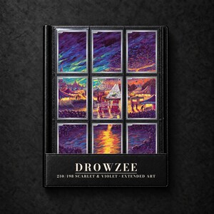 May include: A black trading card binder containing nine Drowzee 210/198 Scarlet & Violet extended art cards. The cards feature vibrant purple, orange, and yellow illustrations of a carnival scene. The binder cover displays the text DROWZEE 210/198 SCARLET & VIOLET EXTENDED ART.