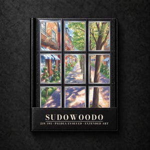 Puede incluir: Un archivador de cartas coleccionables negro con nueve cartas Sudowoodo Paldea Evolved 219/193 de arte extendido dispuestas en cuadrícula. Las cartas muestran una escena callejera con edificios de ladrillo, árboles y toldos azules. La cubierta muestra el texto SUDOWOODO 219/193 PALDEA EVOLVED EXTENDED ART.
