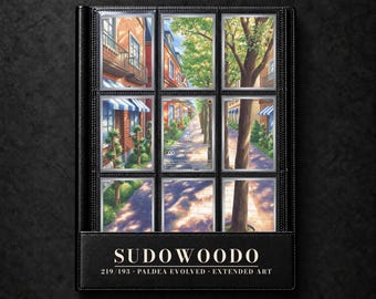 May include: A black trading card binder containing nine Sudowoodo Paldea Evolved 219/193 extended art cards arranged in a grid. The cards feature a continuous illustration of a brick building street scene with trees and blue awnings. The binder cover displays the text SUDOWOODO 219/193 PALDEA EVOLVED EXTENDED ART.