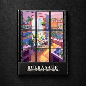 May include: A black trading card binder featuring a nine-pocket page display. The insert shows a Bulbasaur 143 Stellar Crown Extended Art Pokémon card. The text on the bottom cover reads BULBASAUR 143 STELLAR CROWN EXTENDED ART in white lettering.