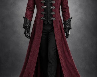 Gotisk vampyrkostym för män, viktoriansk steampunk lång rock, medeltida outfit (Halloween Cosplay)