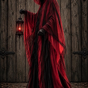 Pode incluir: Uma capa com capuz apresentando camadas de tecido vermelho e preto desgastado com bordas desfiadas. A peça vai até o chão e é usada com luvas escuras. Uma lanterna de metal com uma vela vermelha é segurada, emitindo uma luz fraca.