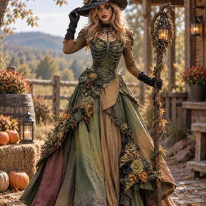 Puede incluir: Un vestido largo hasta el suelo en tonos verde oliva y marrón, con un corpiño de diseño de caja torácica, mangas largas y una falda adornada con flores de tela. El conjunto incluye un sombrero puntiagudo con flores y un bastón de madera con farol.
