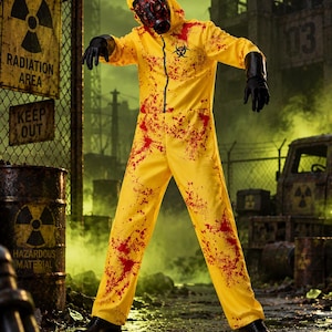 May include: A bright yellow hooded jumpsuit featuring a black biohazard symbol on the chest and scattered red blood-like splatters. The outfit includes a black gas mask with red lenses and black gloves, creating a post-apocalyptic aesthetic.
