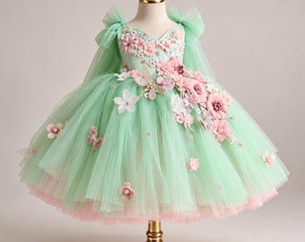 Mint Green Flower Girl Dress 3D Floral Princess Tulle Gown for Toddler Wedding Outfit Fairy Costume Bow Back Kids Formal Occasion Clothing