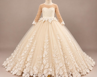 Flower Girl Dress Princess Ball Gown for Kids Ivory Lace Applique Long Sleeve Floral Ruffle Skirt Luxury Formal Communion Tulle Outfit