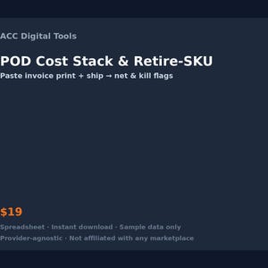 Może przedstawiać: Ciemnoniebieska grafika cyfrowa z pomarańczowym pionowym paskiem po lewej stronie. Tekst zawiera ACC Digital Tools, POD Cost Stack & Retire-SKU, Paste invoice print + ship → net & kill flags, Spreadsheet, Instant download, Sample data only.