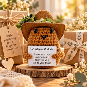 Puede incluir: Una figura de patata tejida a ganchillo marrón con un sombrero de fieltro marrón y follaje verde, sosteniendo un cartel blanco que dice: Positive Potato, I may be a tiny potato, but I believe in you. Go do your thing! Tiene ojos de cuentas.