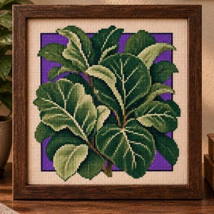 May include: A framed cross-stitch embroidery featuring a fiddle leaf fig plant with large, textured green leaves. The plant is set against a solid purple square background on a cream-colored fabric, all enclosed in a dark brown wooden frame.