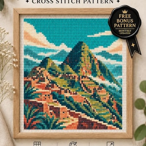 Wzór haftu krzyżykowego Machu Picchu | Krajobraz Peru, 150x150 ściegów | 10,7x10,7 cala (do pobrania w formacie PDF)
