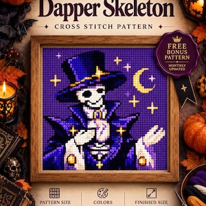 Elegantes Skelett-Kreuzstichmuster | Gruselige Halloween-Stickvorlage, 85x85 Stiche | 15,5x15,5 cm (PDF-Download)