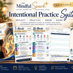 May include: A printable PDF titled The Mindful Spark Intentional Practice System, featuring a cover page with a person and glowing silhouette, plus multiple practice sheets, a weekly log, and instructional pages with blue, gold, and white text.