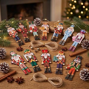 Op de afbeelding: Een set van twaalf platte houten notenkraker-ornamenten met diverse kleurrijke uniformen, kronen en accessoires. Elke notenkraker is voorzien van een gaatje om op te hangen, inclusief twee bundels natuurlijk jutekoord voor bevestiging.