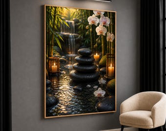 Quadro su tela con giardino zen, opera d'arte con pietre per la meditazione, decorazione con cascata, arte murale per spa, stampa botanica rilassante, regalo per la casa