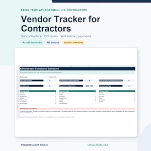 Può includere: Un modello Excel per piccoli appaltatori statunitensi intitolato Vendor Tracker for Contractors. La dashboard visualizza i dati di conformità amministrativa, inclusi conteggi dei subappaltatori, date COI, stato W-9 e informazioni sul monitoraggio dei pagamenti.