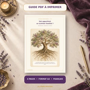 Op de afbeelding: Een printbare PDF-gids getiteld Qui appartient au système familial? met een centrale illustratie van een grote boom met zichtbare wortels. Het document bevat tekst over familiesystemen, beslaat vier pagina's in A4-formaat en is in het Frans.