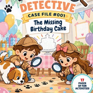 May include: A printable activity kit titled Little Detective Case File #001 The Missing Birthday Cake for kids aged 4-8. The cover features two children in detective hats with magnifying glasses, a puppy, and paw prints on a floor with party decor.