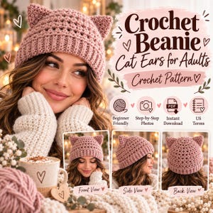 Peut inclure: Un bonnet au crochet rose poudré avec des oreilles de chat, doté d'un motif texturé et d'un bord côtelé. L'image contient le texte : Crochet Beanie Cat Ears for Adults Crochet Pattern, Beginner Friendly, Step-by-Step Photos, Instant Download, US Terms.
