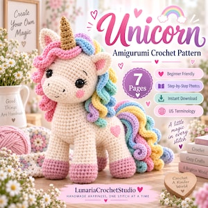 Może przedstawiać: Wzór szydełkowy amigurumi przedstawiający jednorożca z kremowym tułowiem, złotym rogiem oraz pastelową grzywą i ogonem w kolorach tęczy. Tekst zawiera napisy Unicorn Amigurumi Crochet Pattern, 7 Pages, Beginner Friendly, Step-by-Step Photos, Instant Download, US Terminology oraz LunariaCrochetStudio.