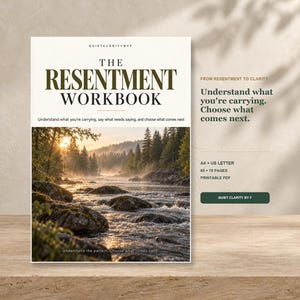 Op de afbeelding: Een werkboek getiteld The Resentment Workbook met de ondertitel Understand what you're carrying, say what needs saying, and choose what comes next. De omslag bevat een foto van een rivier die bij zonsopgang door een bos stroomt.