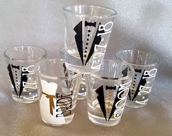 6 DIY Bride Groom and/or Groomsman Bridesmaid SHOT glasses WEDDING shots  toasting shots w/ wedding date Tux Dress (choose color/name) 1.5oz