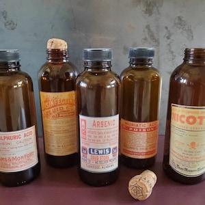 Vintage PICK your POISON MEDICINE Bottle Apothecary Potion Brown Bottles Glass Jars Arsenic Sulfuric Acid Muratic Nicotine Halloween Decor