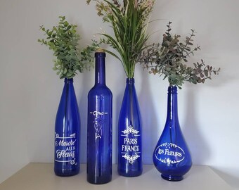 French COLBALT Blue Mache' AUX Fleurs Flower Bottles Vases Italian 3 Soda Bottle France Flower Market Blue Bottles with or without greenery