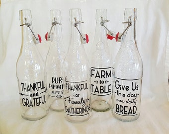 DIY Custom Christmas HOLIDAY Water bottle monogram THANKFUL for Family Gives Us this day our Daily Bread Farm to Table Glass Jar 750ml (One)