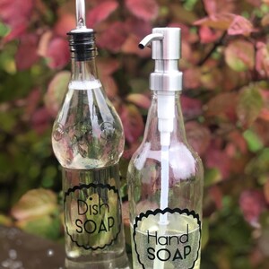 May include: Two glass bottles with clear liquid and black labels. The bottle on the left has a black cap and says "Dish Soap". The bottle on the right has a silver pump top and says "Hand Soap".