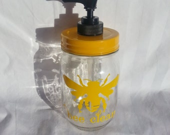 BEE CLEAN Bee SANITIZED Mason Jar Sanitize Dispenser Mason Jar Hand Soap Dish Soap Dispenser Lotion or Hand Sanitizer Yellow Dispenser 16oz