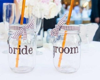 COUNTRY WEDDING Bride and Groom Mason Jars Wedding Mason Jars Rustic Toasting Wedding Glasses Pint  (choose color) BPA Free Straws 16oz