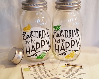 Eat DRINK and Be HAPPY Martini Shaker Mason Jar Cocktail Mojito or Lemon Drop Limes Lemons Drink Quart 32oz w/recipe