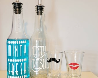 DIY Retro MOUTHWASH Dispenser Soda Bottle (with spout) Mr. and Mrs. w/ His and Hers 1.8 oz shot glasses Mouthwash lip mustache shot cups