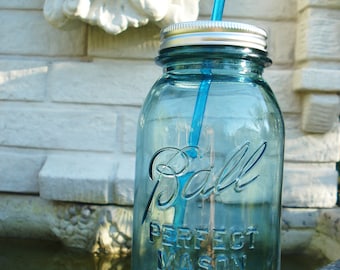 Vintage Blue Mason Jar with BPA Free Straw LARGE Blue Mason Jar Glass Drink (You Pick) 32 oz Antique Regular Mouth QUART