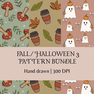 Puede incluir: Un paquete de tres patrones digitales: setas rojas sobre verde salvia, tazas de café marrones con hojas de otoño sobre beige, y fantasmas blancos con calabazas y lazos rosas sobre malva. Texto: FALL/HALLOWEEN 3 PATTERN BUNDLE Hand drawn | 300 DPI.