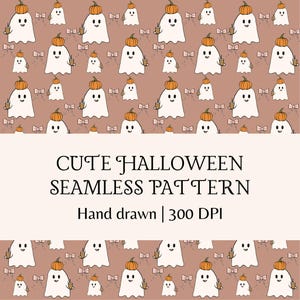 Könnte beinhalten: Ein nahtloses Muster mit weißen Geistern, die orangefarbene Kürbisse auf dem Kopf tragen, und kleinen rosa Schleifen auf einem altrosa Hintergrund. Der Text lautet CUTE HALLOWEEN SEAMLESS PATTERN Hand drawn | 300 DPI. Das Design wiederholt sich.