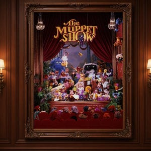 May include: A framed wall art piece featuring a theater stage scene with the text The Muppet Show in gold lettering. The image displays a large cast of colorful puppet characters on a stage with red curtains, chandeliers, and an audience below.