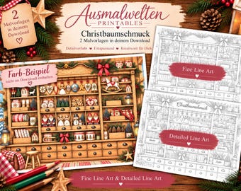 May include: A digital coloring page set featuring a wooden shelf filled with Christmas ornaments, including baubles, nutcrackers, and gift boxes. The set includes two printable line art versions with detailed illustrations of holiday decorations and festive items.