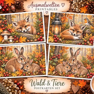 Postkarten Wald und Tiere , digitale Malvorlage für Erwachsene, Grayscale , sofortiger Download, 2 druckbare PDF-Dateien.